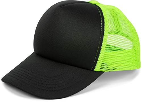 styleBREAKER Unisex 5-Panel Trucker Cap mit Mesh-Einsatz | verstellbares Basecap mit Click Snap Verschluss | luftiges Netz Cap für Damen und Herren, Farbe:Schwarz-Neongrün