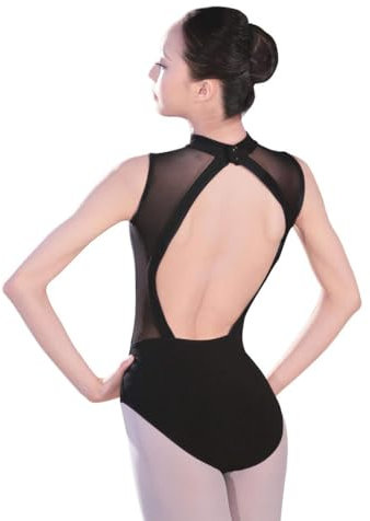 Daydance Black Girls Women Dance Leotards One Mesh Short Sleeve Ballet Clothes with Open Back, Black-cotton Spandex, Medium