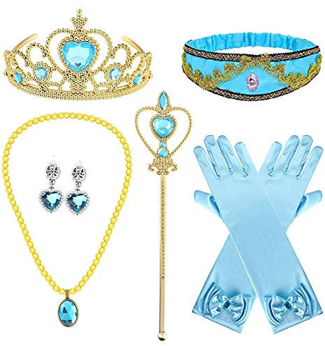 Monissy Enfant Accessoires Déguisement Aladdin Princesse Jasmine Serre-tête Couronne Boucles d'oreilles Collier Gants Noeuds Baguette Perruque Halloween Noël Cadeaux,Orange