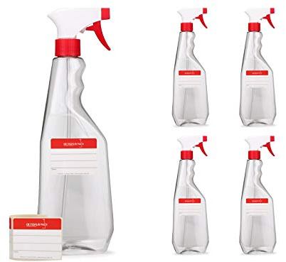 5 botellas pulverizadoras de 750 ml de PET con pistola pulverizadora, atomizadores vacíos con boquilla pulverizadora ajustable (chorro/pulverización), p.ej. para plantas/flores, limpieza, taller