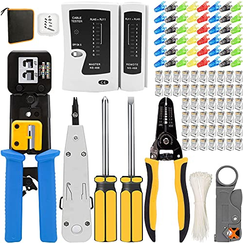 MAYLINEE RJ45 Cat5e Cat6 Cat7 Netzwerk Set Werkzeugset Crimpzange Lan Netzwerk Professionelle Reparaturwerkzeuge Netzwerk Tester Netzwerkkabel Kits, Netzwerk Tools Geeignetes(Blau)