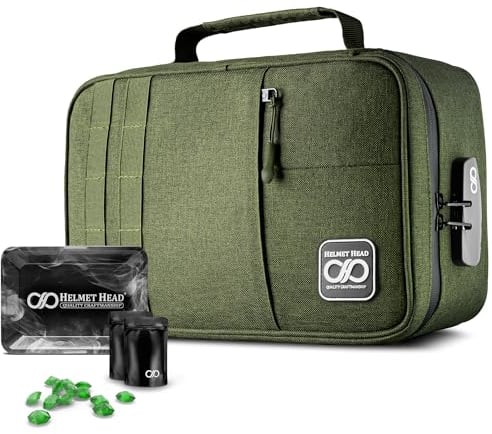 HELMET HEAD Smell Proof Bag with Lock, Water Repellent Large Stash Box for Mason Jars and Containers. Includes 2 Bags and Metal Tray (Herb Green)