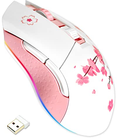 DAREU Sakura Pink Wireless Wired Gaming Mouse, Dual-Mode Rechargeable 6 Programmable Buttons,10K DPI,RGB and 7 Adjustable DPI Levels up to [150IPS] [1000Hz Polling Rate] for PC Notebook Mac
