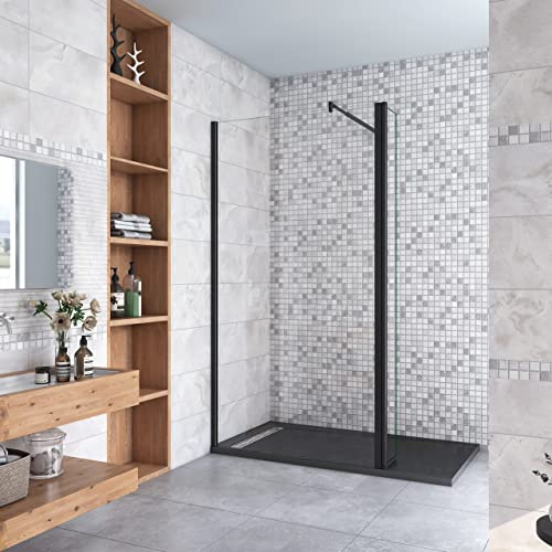 Walk in Doccia 100x200cm Due Pareti (60+40) cm Vetro 8mm Barra 70-120cm | Anticalcare, Trasparente Vetro Temperato, Telaio Nero Opaco