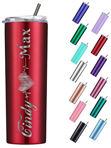 Personalisierte schmale Becher mit Deckel und Strohhalmen, 590 ml, individuell lasergravierter dünner Kaffeebecher mit Namen, Geschenk für Frauen, Mütter, Schwestern und beste Freunde