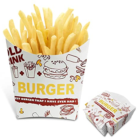 Lot de 50 grands paniers à frites à motif créatif, gobelets à frites, gobelets à pop-corn jetables pour boîtes à goûter, boîtes à bulles, sacs à gaufres, les voyages, les fêtes de nuit