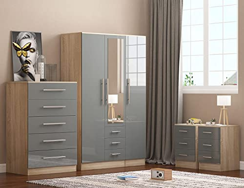 UNIQUE FURNISHINGS COMBI BEDROOM SET - COMBI WARDROBE + CHEST OF DRAWERS + 2X BEDSIDE TABLE HIGH GLOSS GREY