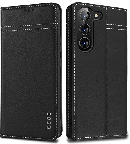 Hülle Echt Leder für Samsung Galaxy S23 5G - Premium Echte Lederhülle mit Standfunktion und Kartenfach Flip Case Ledertasche Handyhülle Schutzhülle Klapphülle - Schwarz