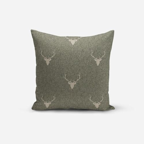 SCHÖNER LEBEN. Kissenhülle Jacquard Hirschkopf Geweih grün beige, Größe:40x40cm (HxB)