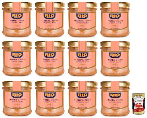 Italian Gourmet Filettini di Tonno all'Olio di Oliva, 12 x 130g Glas | Zarte Thunfischstücke in Öl eingelegt, pronto per insalate, panini, Gesamtnettogewicht 1,56 kg + Kostenlos Polpa 400g