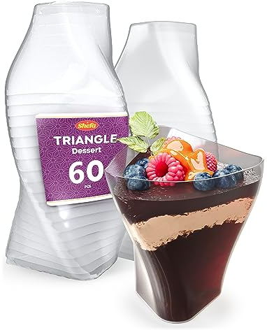Shefa 60pcs Mini Dessert Cups Set, 70ml Plastic Triangle Dessert Cups Clear Parfait Appetizer Glasses, Reusable Serving Bowl for Sweet Desserts, Chocolate Mousse, Yogurt, Pudding, Jelly for Party