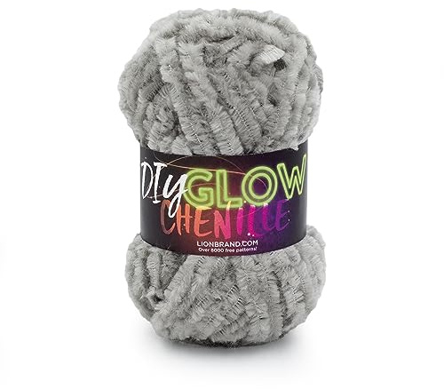 Lion Brand Yarn DIY Glow Chenille, Bulky Yarn, Grey, 1 Pack