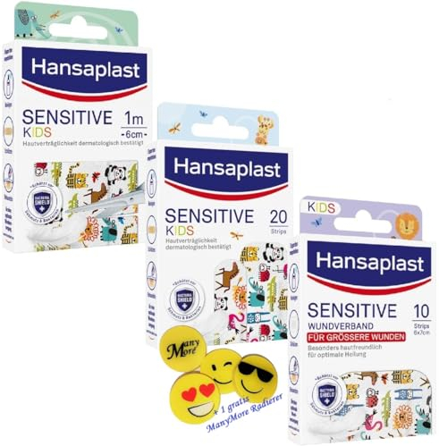 Hansa plast KiDS 3er-Bundle -> 20er Strips + 10er XL Wundverband + 1m x 6cm (zuschneidbares Pflaster) + gratis ManyMore Radierer