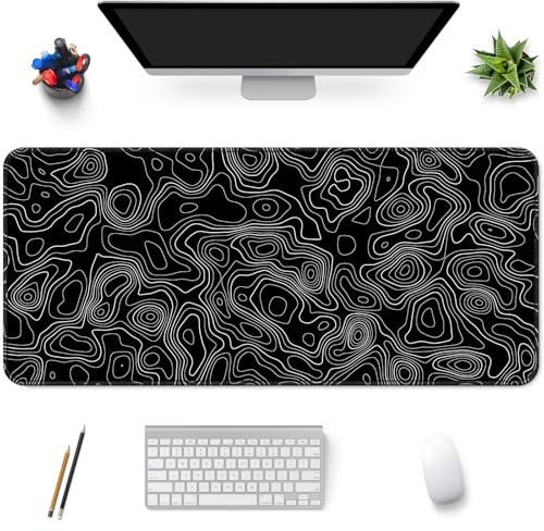 Grand tapis de souris de jeu 89 x 40 cm XXL avec base antidérapante pour ordinateur, bureau, clavier et ordinateur portable – Topographique noir et blanc