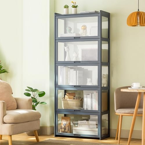 JFOZDM Vitrinenschrank, multifunktionale staubdichte Glasvitrine, Glasvitrine Stehend, Klappenschranktürdesign, versiegelt und staubdicht, Vitrine für Büros, Schlafzimmer, Wohnzimmer 70*34*172CM Grau
