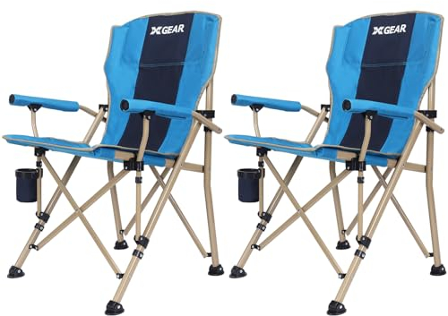 Lot de 2 chaises de camping réglables avec accoudoirs rigides, capacité de 136 kg, chaise pliante légère et portable avec porte-gobelet, poches latérales et sac de transport – Parfait pour la plage