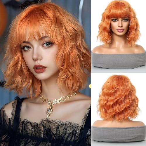OUFEI Orange Perücken für Frauen Kurz Gewellt Perücke mit Pony Natürliches Synthetisches Haar Hitzebeständig Perücken für Tägliche Party Cosplay Tragen