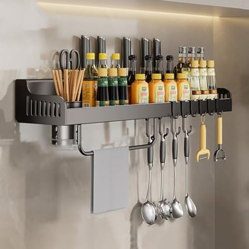 Gewürzregal Wand, Gewürzregal Hängend ohne Bohren, Küchenregal Organizer für Gewürze, Küchenregal Wand mit Messerschlitz, 6 Haken, Becher, Messerhalter, grey, 40cm