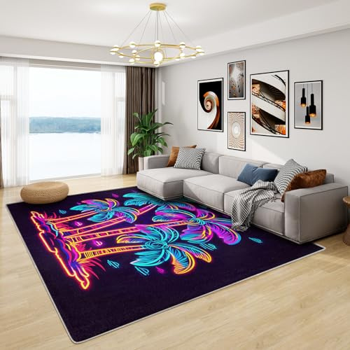 Tropical Rugs Living Room - Palm Tree Rug, Neon Vaporwave Rugs for Living Room Bedroom, Washable Non Slip Soft Large Carpet, Patterned Area Rugs & Home Decor 120x180 cm