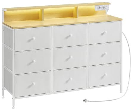 SONGMICS Commode, Meuble de Rangement avec 9 Tiroirs et Éclairage LED, Multiprise, Cadre en Acier, 33,5 x 114 x 84 cm, pour Chambre, Salon, Blanc Nuage LTS519W02