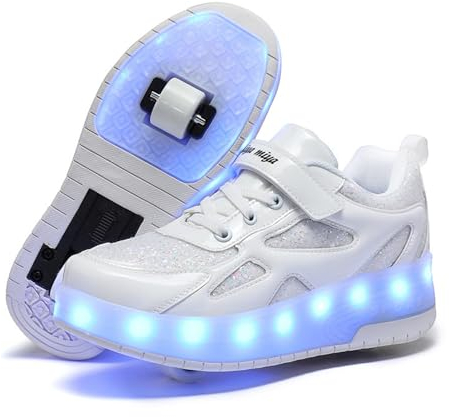 Mateju Kinder Schuhe mit Rollen für Jungen Mädchen 2-in-1 Rollschuhe Versenkbarer Doppelt Rollen Funkelnde Pailletten Outdoor Sportschuhe Roller Schuhe Turnschuhe Skateboardschuhe