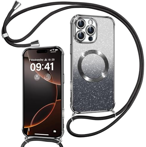Phoona Handyband Hülle für iPhone 16 Pro Max mit Band [kompatibel mit MagSafe], Luxuriöse Glitzer Beschichtung Magnetische Handyhülle für iPhone 16 Pro Max Stoßfest Schutzhülle, Schwarz