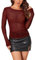 MAYFASEY Women's Sparkle Rhinestone Sheer Mesh Tops Crew Neck Long Sleeve Ruched Slim Fitted Tee Shirts, Wine Red, M