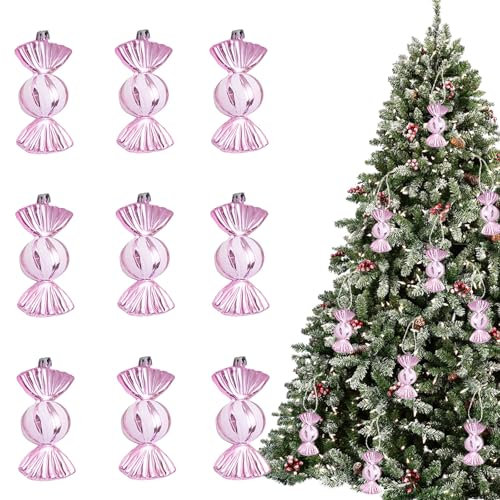 12Pcs Christmas Glitter Candy Ornaments,Plastic Xmas Candy Christmas Tree Pendant,Hanging Decoration for Xmas Gift Home Party Ornaments (Pink)