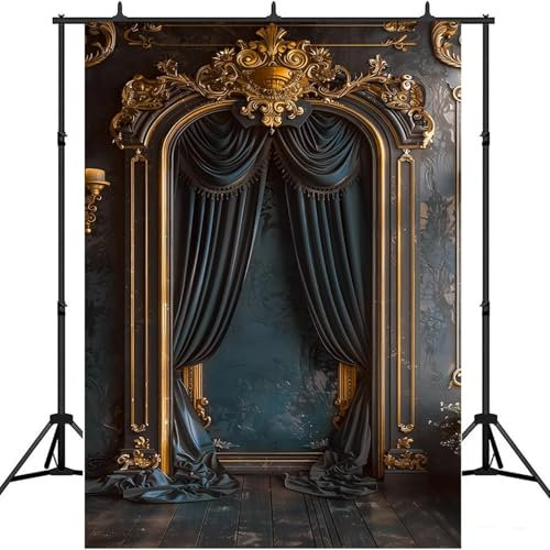 Retro Golden gerahmt Schwarz Vorhang Tür Fotografie Hintergrund, Geburtstagsfeier Dekoration Banner Porträt Studio Requisite 240X180cm