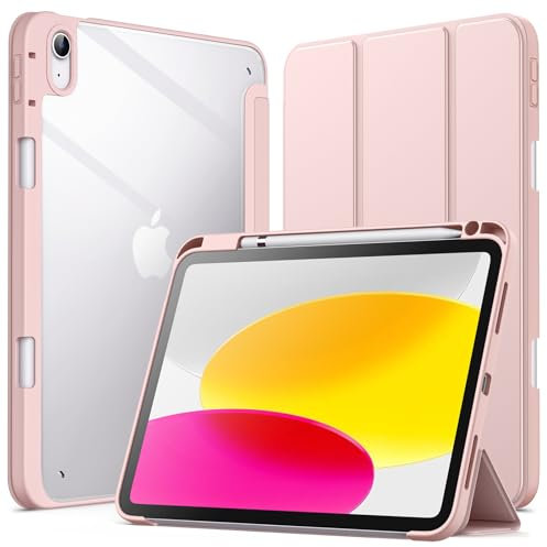 JETech Case for iPad (A16) 11th/10th Generation (2025/2022) with Pencil Holder, Clear Transparent Back Shell Slim Stand Shockproof Tablet Cover, Auto Wake/Sleep (Sandy Pink)