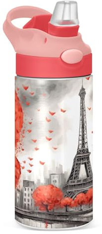 Sevdomey Bouteille d'eau rouge de Paris Tower pour enfants filles et garçons, bouteille d'eau isotherme anti-fuite en acier inoxydable de 350 ml avec paille pour école, crèche, voyage, sport