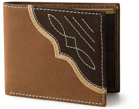 Wrangler Men's Bifold Wallet with Contrast Corner Patch, Genuine Leather, Gift for Him, Brown, One Size, Western