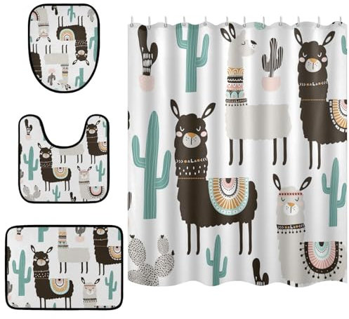 ISAOA Duschvorhang-Set mit Haken, rutschfeste Teppiche, WC-Deckelbezug und Badematte, Lama, Kaktus, Duschvorhänge, Bodenteppich, Badezimmerdekoration, 4-teilig