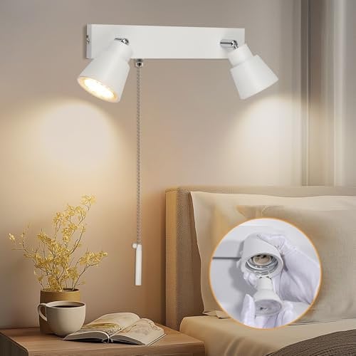 TaFiCo Blanc Applique avec Interrupteur à Tirette 2 Spots GU10 - Applique Moderne d'intérieur avec Interrupteur Rotatif à 350° - 50 W Applique avec Interrupteur pour Chambre Salon - Sans Ampoules