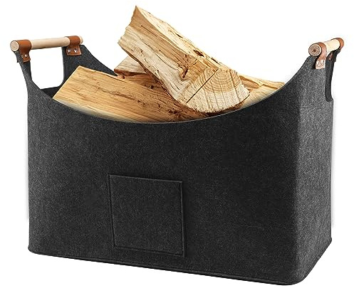 Novelfun 70L Extra Groß Filzkorb Holzkorb für Kaminholz Tragbarer Aufbewahrungskorb mit Holzgriffen Faltbar Brennholzkorb für Holz oder Brennholz