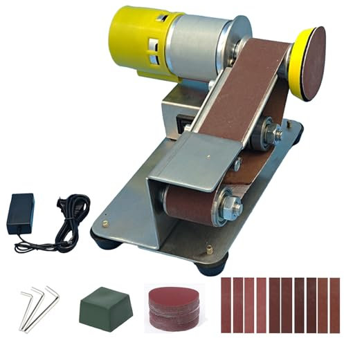 Mini Ponceuse à Bande, Polisseuse Réglable en 7 Étapes, Ponceuse à Bande Électrique, Ponceuse à Disque Avec 10 Bandes Abrasives 330x30 mm, Disque de Ponçage et Disque de Polissage Fournis