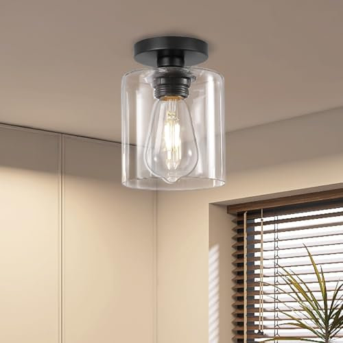 ROCUNSI Ceiling Glass Light Fixtures Chandelier Small Semi Flush Mount Ceiling Lighting Modern Black Chandelier for Kitchen Living Room Hallway Dining Room