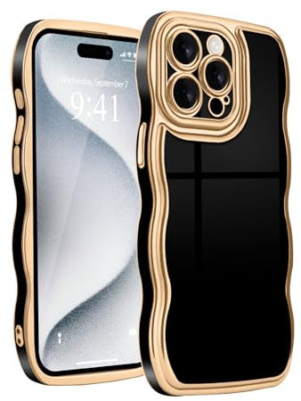 Teageo for iPhone 13 Pro Case Electroplated Wavy Frame for Women Girls, Cute Luxury Pure Color Soft TPU Silicone Shockproof Curly Design Bumper Phone Case for iPhone 13 Pro, Black