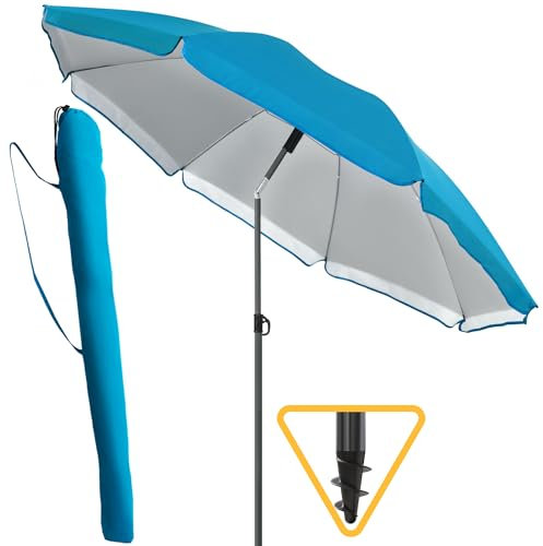 Menz Sonnenschirm Strand, Fb. Blau - Funktionaler Strandschirm Ø 180 cm, UPF 80+ Sonnenschutz für Strand und Balkon, Strandschirm windfest stabil, knickbarer Sonnenschirm mit Schutzhülle