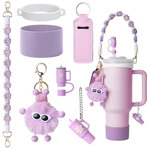 Stanley Cup Accessoires Kit, Accessoire Compatible avec Stanley Cup 30/40oz avec Protège-Base Silicone, Bijoux Suspendus, Couvercle Paille, Porte-clés Marguerite, Réutilisable, Violets