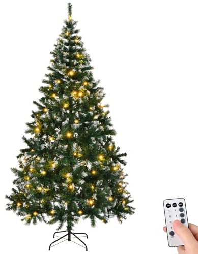 Outopee 7ft Snow Flocked Artificial Christmas Tree with 150LED Lights, 8 Lighting Modes, Remote Control, 1100 Branch Tips PVC Xmas Tree with Foldable Metal Stand for Holiday Party Home Office Decor