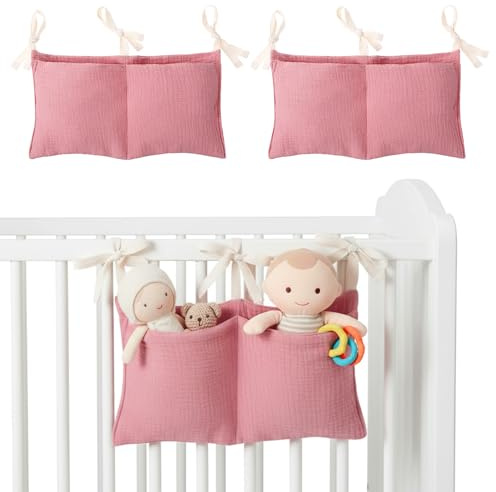 XLIUAX 2 Stück Baby Kinderzimmer Organizer, Babybett Organizer Hängend mit 2 Tasche Kinderzimmer Hängender Bett Organizer Babybett Aufbewahrungstasche für Windeln Kleidung Spielzeug(Rosa)