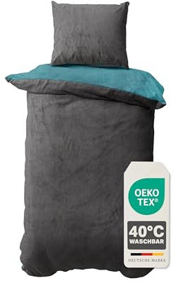 Devior Cashmere Touch Bettwäsche Winter 2-teilig, Anthrazit/Petrol – 155x220 & 80x80 cm – Flauschig warme Bettwäsche für den Winter – Bettbezug flauschig mit Reißverschluss – Wendeoptik – Oeko-TEX®