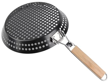 ERYUE Non Stick Metal Grilling Skillet with Wooden Handle for Outdoor BBQ Topper Pan for Vegetables Seafood Meat, Dishwasher Safe Lightweight Grill Skillet Camping
