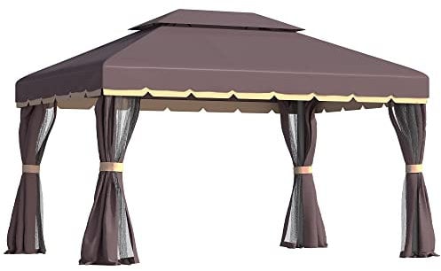 Outsunny 3 x 4m Aluminium Garden Gazebo, Marquee Canopy Shelter Pavilion Party Tent with Nets and Curtains for Garden and Deck, Coffee