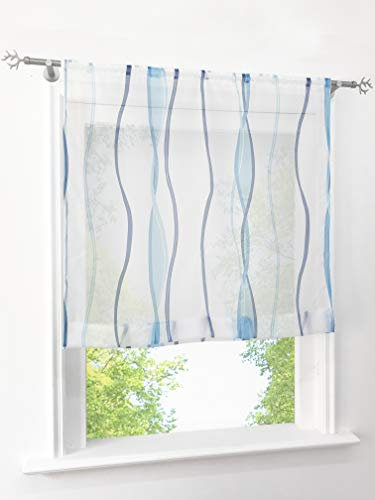 Voile Raffrollo mit Wellen Druck Design Rollos Schlaufen Transparent Vorhang (BxH 140x140cm, Blau mit Tunnelzug)