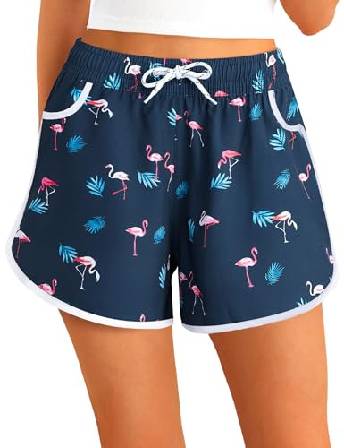 APTRO Damen Badeshorts Badehose Strand Wassersport Shorts Boardshorts UV Schutz Sommer Sport Gym Shorts Flamingo Schwarz WS213 XL