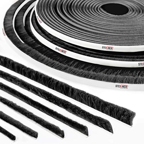 STEIGNER 10m Bürstendichtung SCHWARZ Dichtungsbürste selbstklebend, Türbodendichtung Türdichtung, Höhe 12 mm