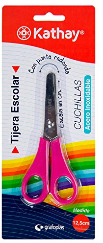 Kathay 86421599. Schulschere, 12,5 cm, abgerundete Spitze, Klingen aus Edelstahl, zufällige Farben: Blau, Rot, Rosa