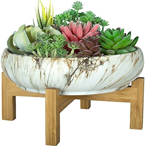 ARTKETTY Sukkulenten-Blumentopf, 25,5 cm, große Bonsai-Töpfe mit Drainageständer, Flacher Marmor-Kaktus-Blumentopf, Keramiktöpfe für Indoor/Outdoor, Sukkulenten, dekorative Gartenblumen-Pflanzschale